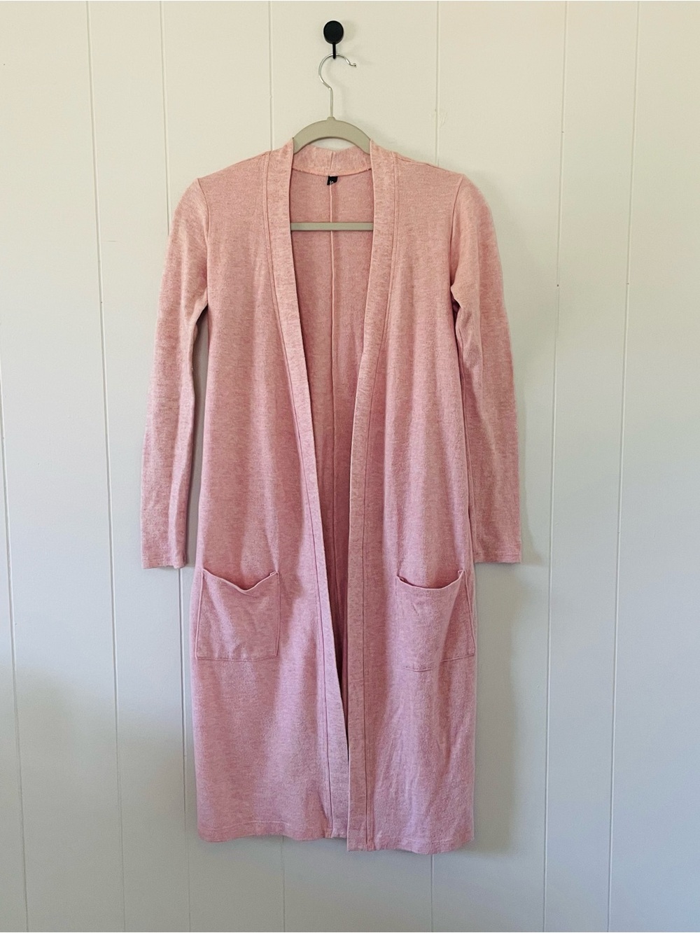 Long Open-Front Pink Cardigan with Pockets
